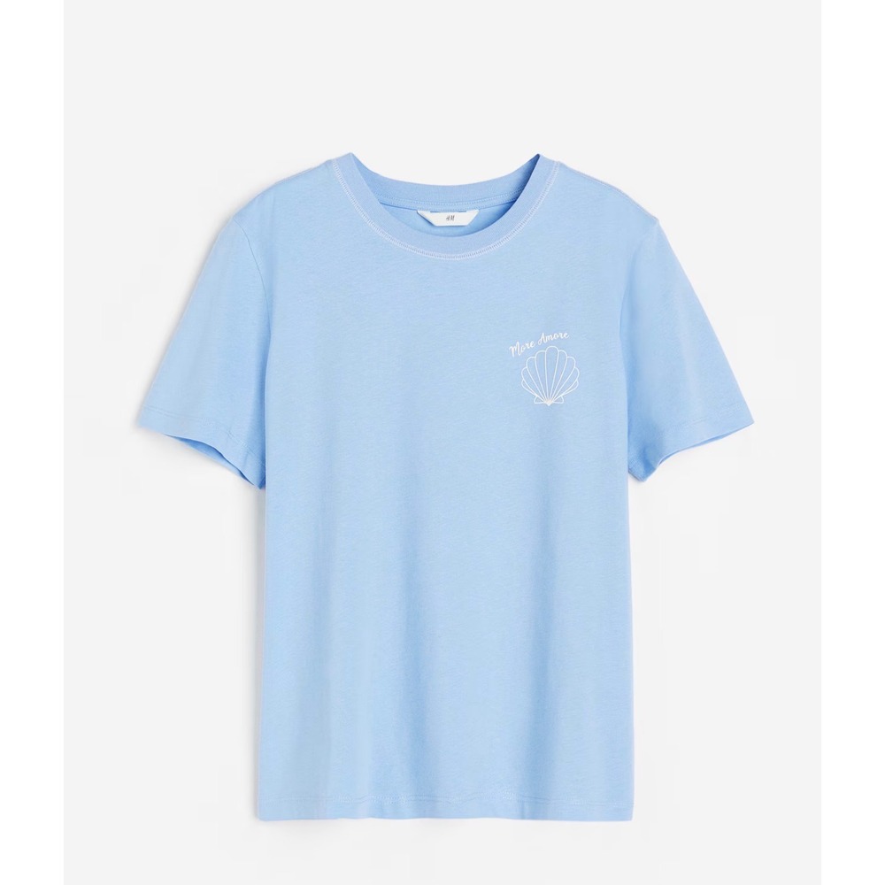 H&M Women's Blue T Shirt Shell Print Crew‎ Neck Short Sleeve Top XL